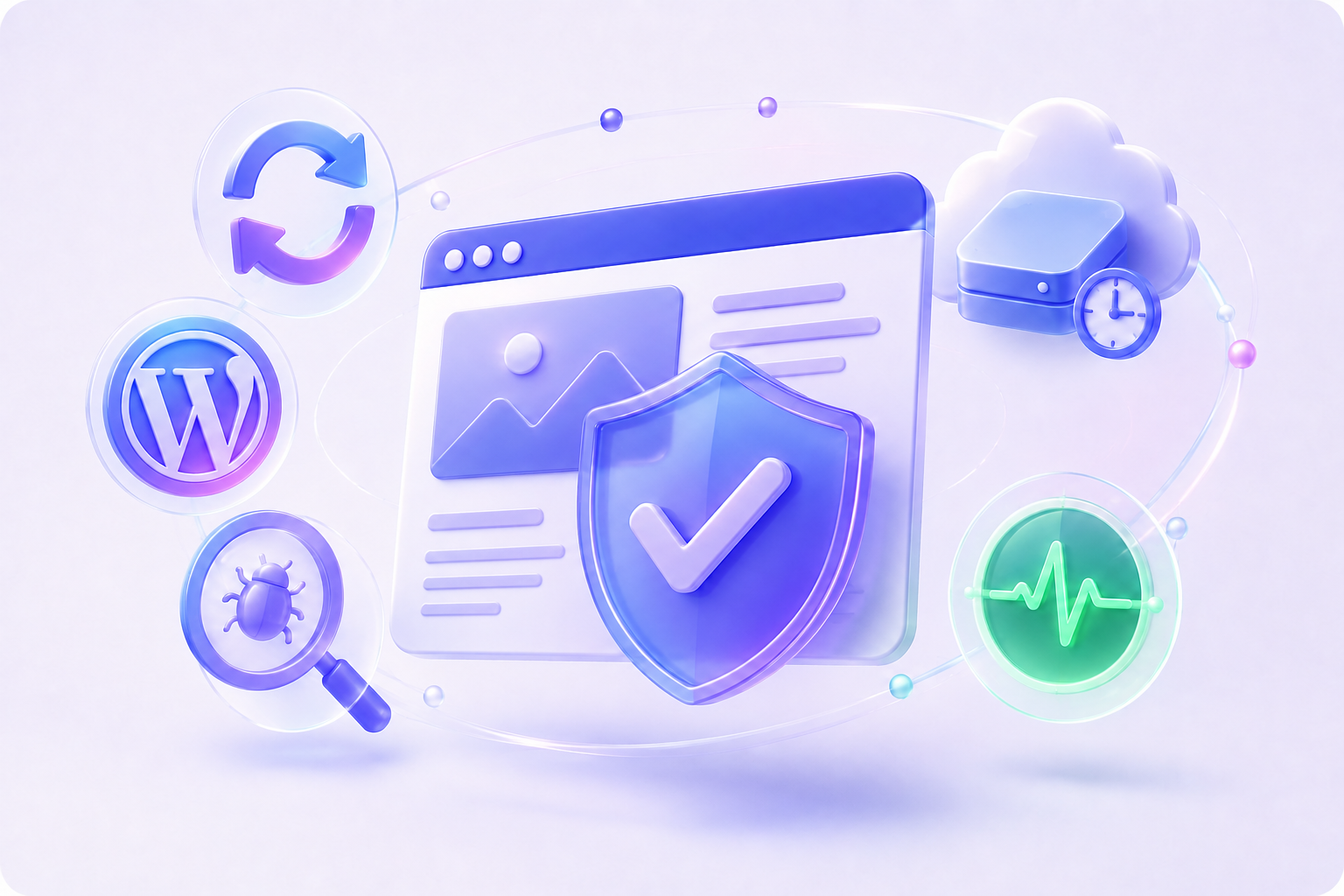 WordPress maintenance services dashboard showing security, backup, update and uptime monitoring icons
